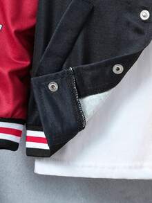 SHEIN 年輕男孩字母印花彩塊長袖棒球夾克,流行、休閒、運動時尚感,春、秋季舒適穿著 - 彩色 - 查看 3