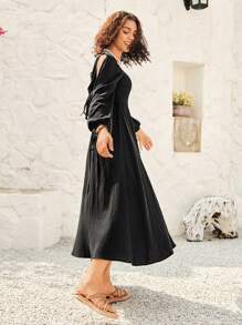 SHEIN VCAY Damski Rękaw z rozcięciem Marszczona sukienka - Czarne - Zobacz 9