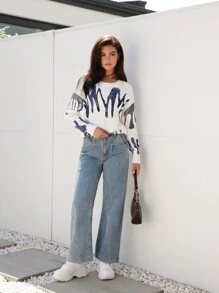SHEIN EZwear 圖形圖案落肩袖套頭毛衣 - 藍白色 - 查看 7