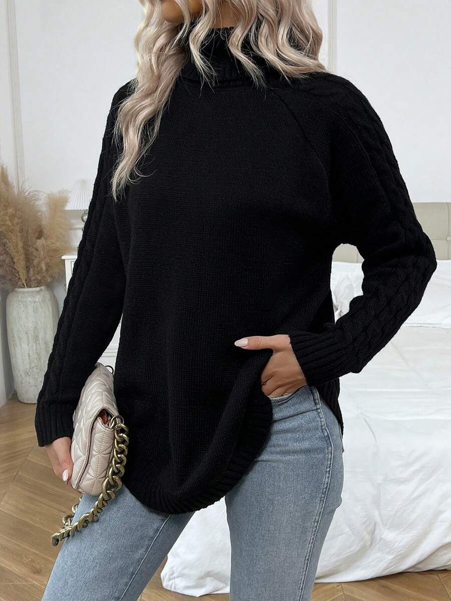 SHEIN LUNE Áo cao cổ Tay Raglan Curved Hem Áo len - màu đen - Xem 1