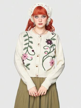 Fairycore Cardigan Boutonné Sur Le Devant Avec Broderie De Fleurs