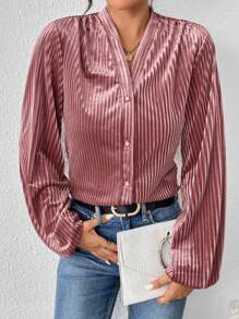 SHEIN Privé Solid Button Front Lantern Sleeve Velvet Shirt - Pink - View 4