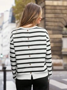 SHEIN Frenchy Women's Striped Drop Shoulder Sweatshirt - Black and White - View 1