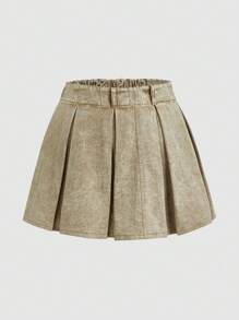 SHEIN MOD Kích thước lớn Denim Chân Váy xếp ly - Màu Khaki - Xem 1