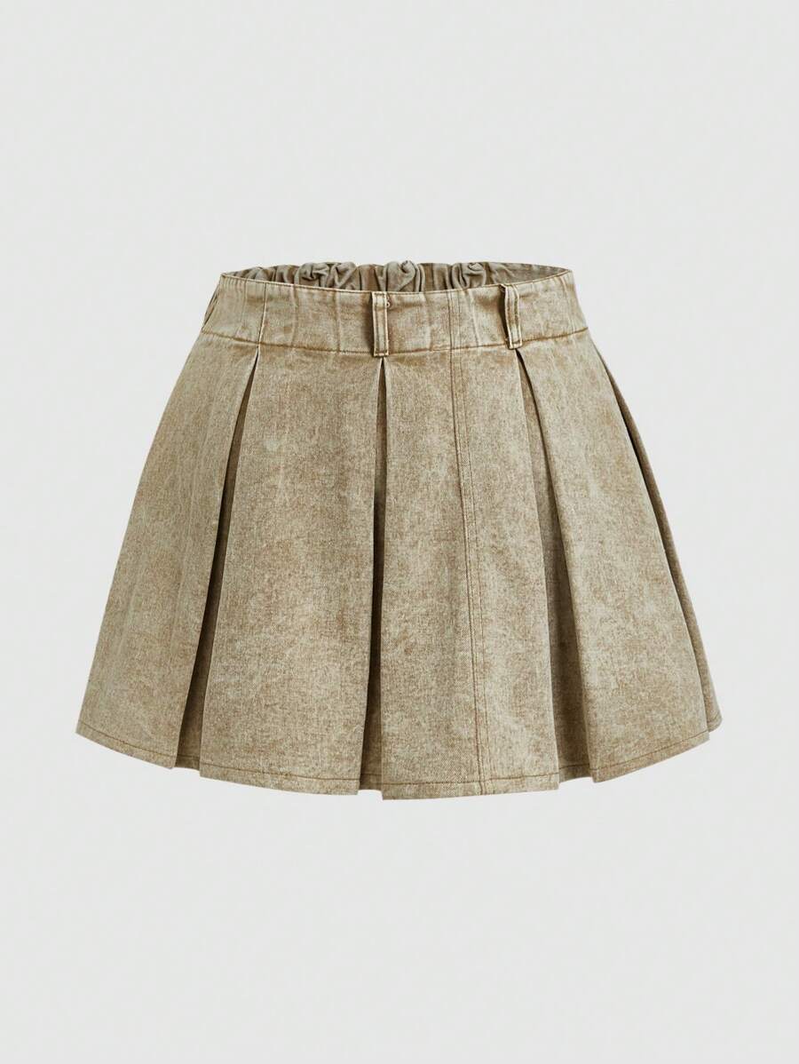 SHEIN MOD Kích thước lớn Denim Chân Váy xếp ly - Màu Khaki - Xem 1