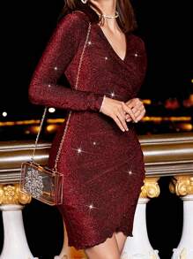 Poéselle Surplice cổ Bao bên Long lanh Váy bodycon - Màu Đỏ Sâu - Xem 12