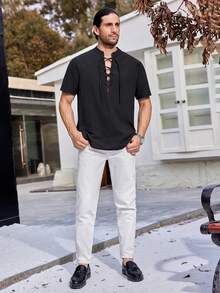 Manfinity Homme Loose Fit Men's Solid Color Shirt With Tie Detail - Black - View 5