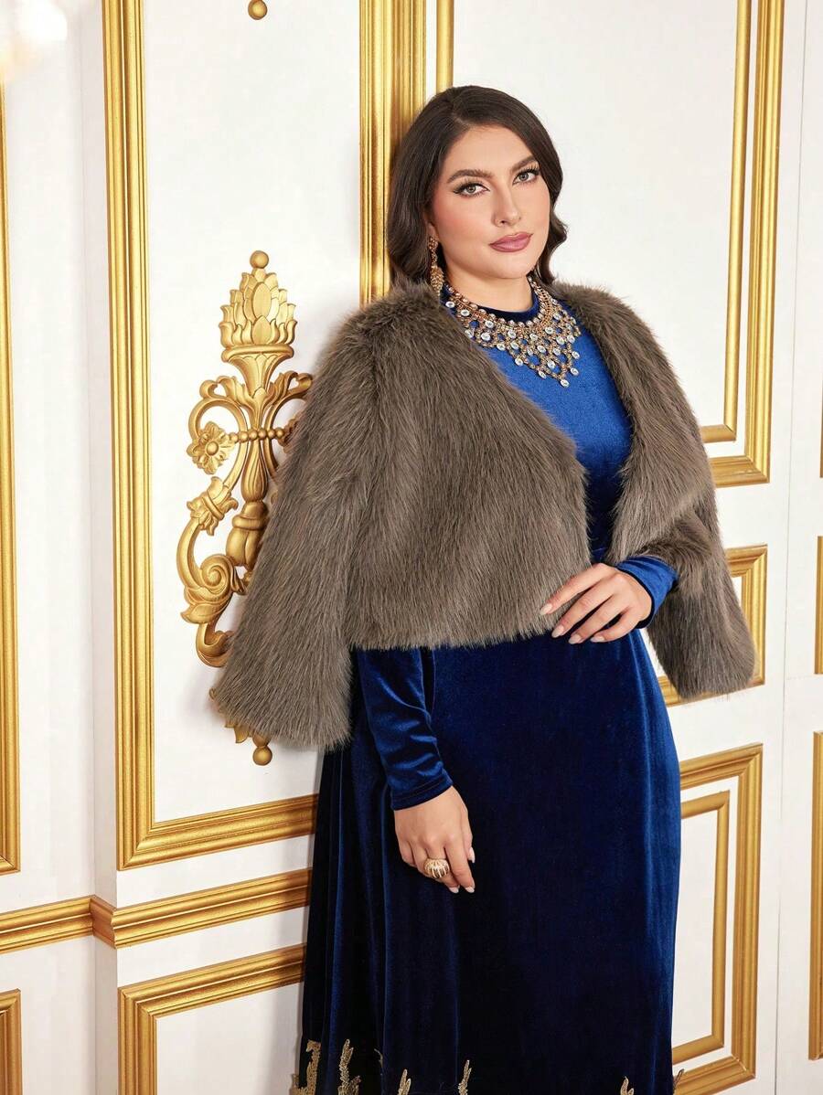 Modelyn Plus Open Front Fuzzy Coat - Coffee Brown - View 1