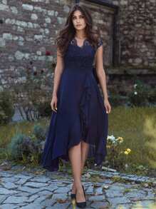 MIUSOL Bridesmaid Dress With Lace Ruffle Hem And Asymmetrical Hemline - Navy Blue - View 2
