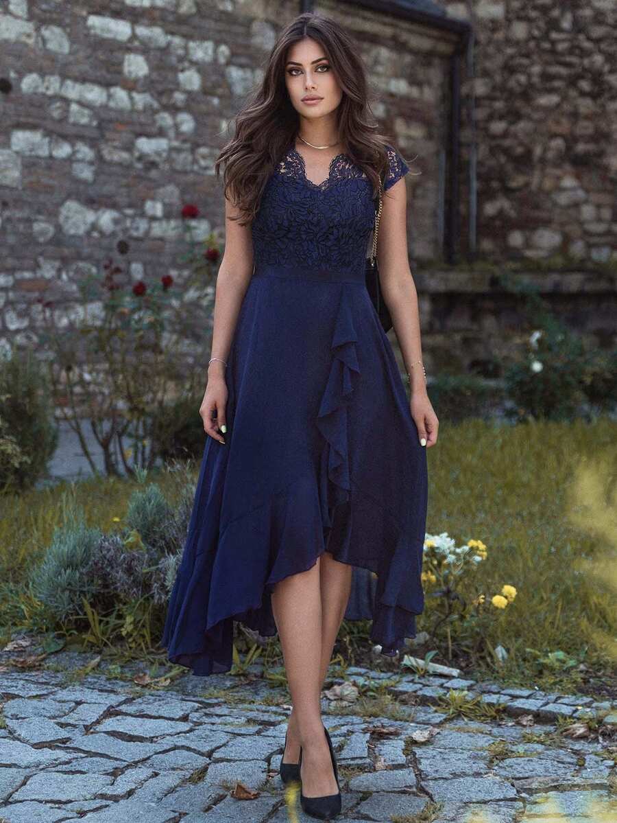 MIUSOL Bridesmaid Dress With Lace Ruffle Hem And Asymmetrical Hemline