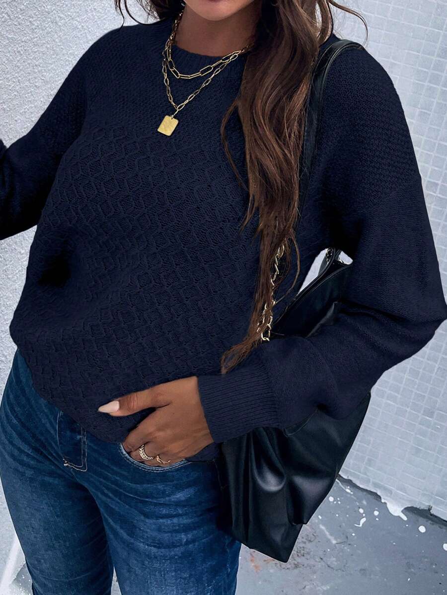 EMERY ROSE Casual Solid Color Drop Shoulder Sweater - Navy Blue - View 1