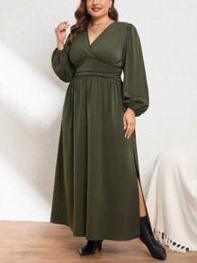 SHEIN Privé 大尺碼女款燈籠袖百褶連身裙 - 軍綠色 - 查看 6