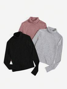 SHEIN EZwear 夏季3入組短袖高領肋紋針織t恤 - 彩色 - 查看 3