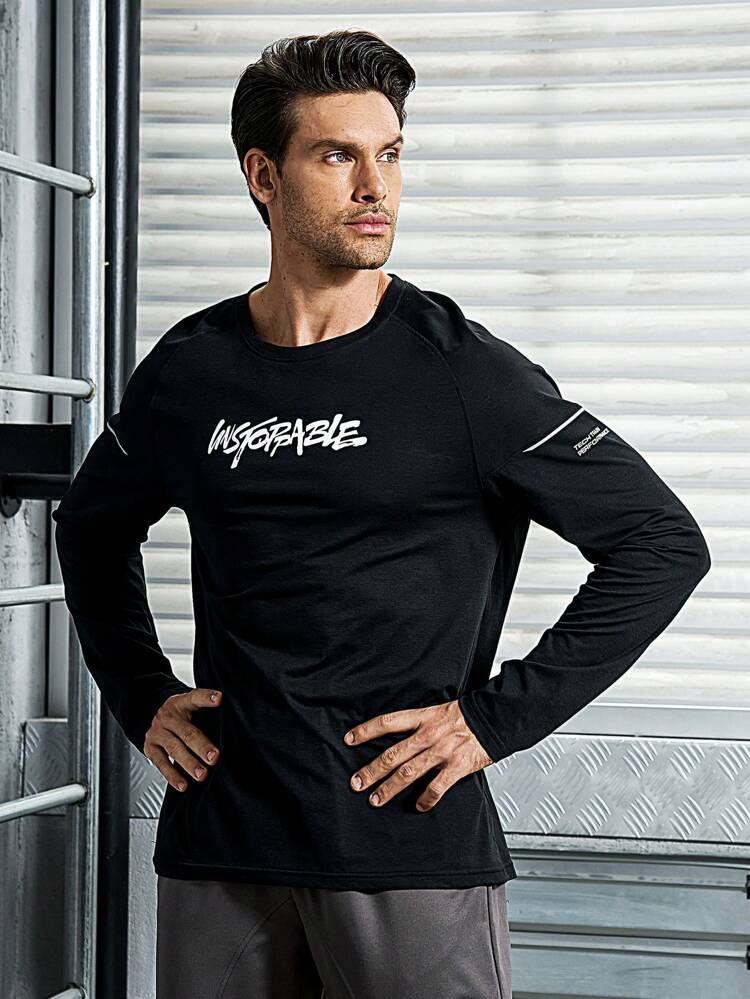 Men Letter Graphic Sports Tee Long Sleeve Shirt Compression Shirt Men