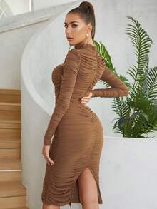 Đơn giản Gợi cảm Đứng cổ áo Rỗng Nối Lưới Sau Khe Xếp li Gầy Đầm Nữ - màu nâu - Xem 2