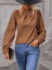 SHEIN LUNE 全印花領高領上衣 - 橘色 - 查看 1