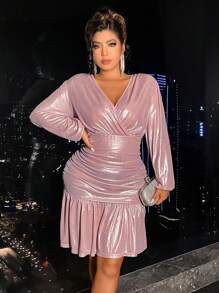 Cravure Plus Surplice Neck Ruched Ruffle Hem Metallic Dress - Baby Pink - View 1