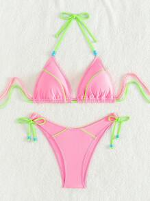 带边缘细节的彩色比基尼泳装套装，适合夏季海滩度假 - 粉色 - 查看 7