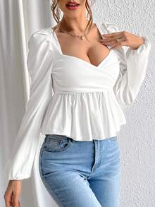 SHEIN Privé Sweetheart Neck Puff Sleeve Peplum Tee - White - View 4