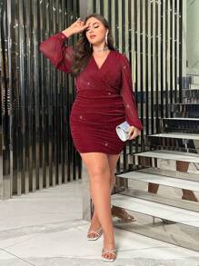 SHEIN Privé Plus sukienka typu bodycon z dekoltem typu serplice i rękawami typu lantern, marszczona, z brokatem, na Święto Dziękczynienia