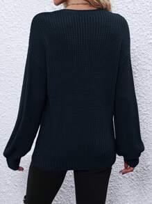 SHEIN LUNE Letter Pattern Drop Shoulder Knit Pullover Fall Winter Sweater - Royal Blue - View 2