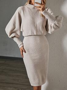 SHEIN Clasi 小高領蝙蝠袖毛衣連身裙 - 杏色 - 查看 4
