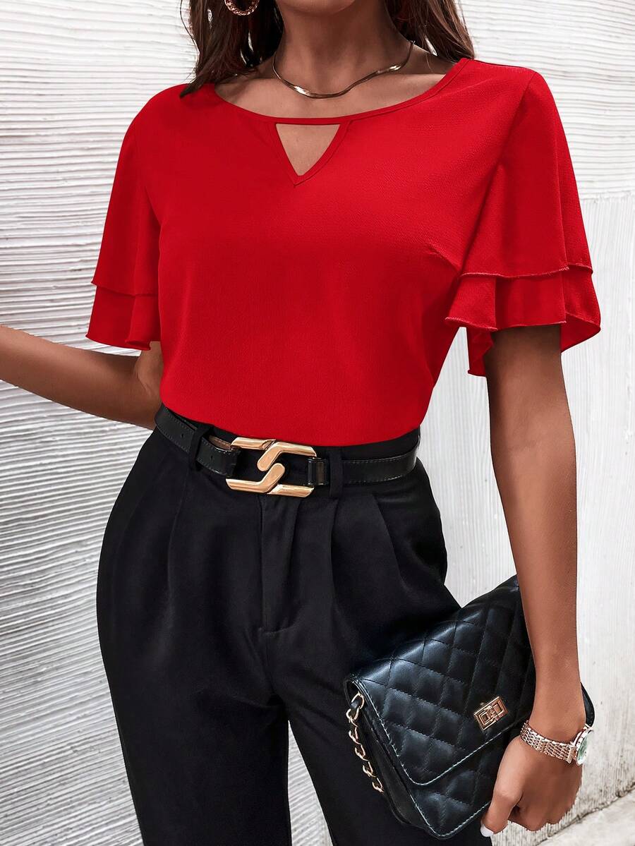 SHEIN LUNE Keyhole Neckline Butterfly Sleeve Blouse - Red - View 1
