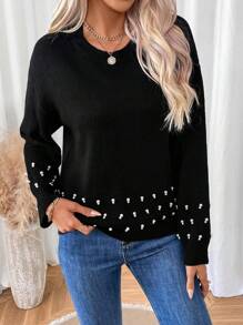 EMERY ROSE Women's Faux Pearl Decor Round Neck Knit Pullover Fall Winter Sweater - Black - View 3