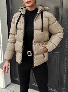 RueChic Women'S Hooded Drawstring Padded Jacket - Beige - View 4