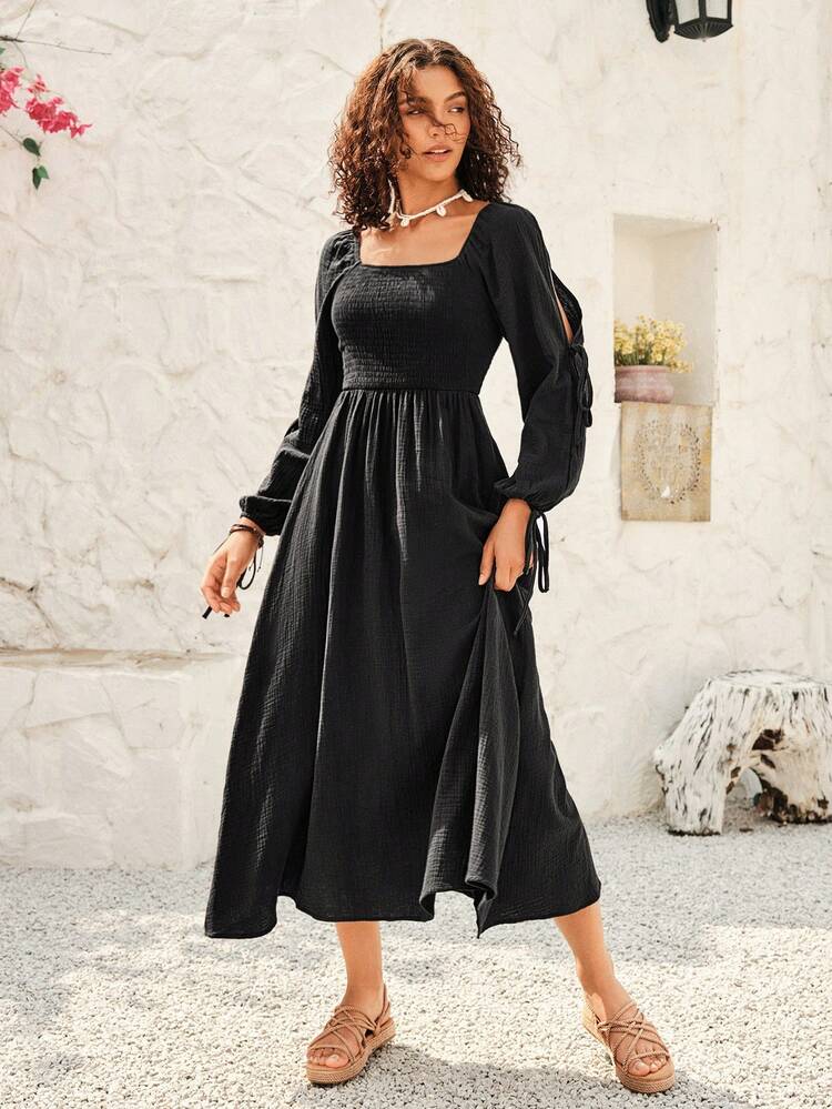Women's Slit Sleeve Shirred Dress