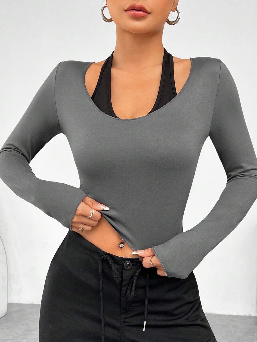 SHEIN EZwear 2 in 1 Halter Short T-shirt - Grey - View 1