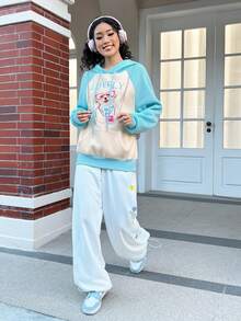 SHEIN EZwear 狗狗&字母圖案插肩袖抽繩連帽衫 - 藍色 - 查看 3