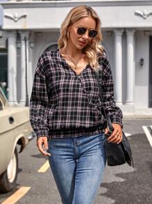 SHEIN LUNE 格紋襯衫,撞色插肩翻領設計,可卷起袖子的鈕扣襯衫 - 彩色 - 查看 4