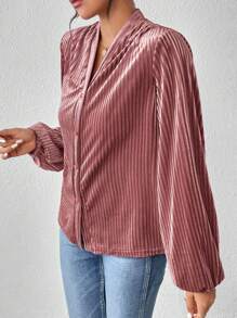 SHEIN Privé Solid Button Front Lantern Sleeve Velvet Shirt - Pink - View 5