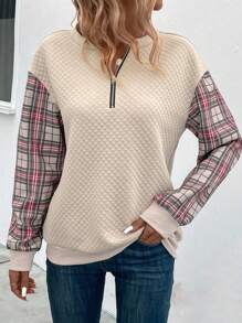 SHEIN LUNE Contrast Plaid Print Half Zip Drop Shoulder Sweatshirt Pullover Fall Sweatshirt - Multicolor - View 5