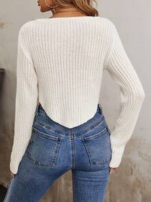 SHEIN LUNE Scoop Neck Hanky Hem Crop Sweater - White - View 2