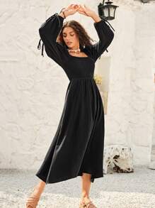 SHEIN VCAY Damski Rękaw z rozcięciem Marszczona sukienka - Czarne - Zobacz 6
