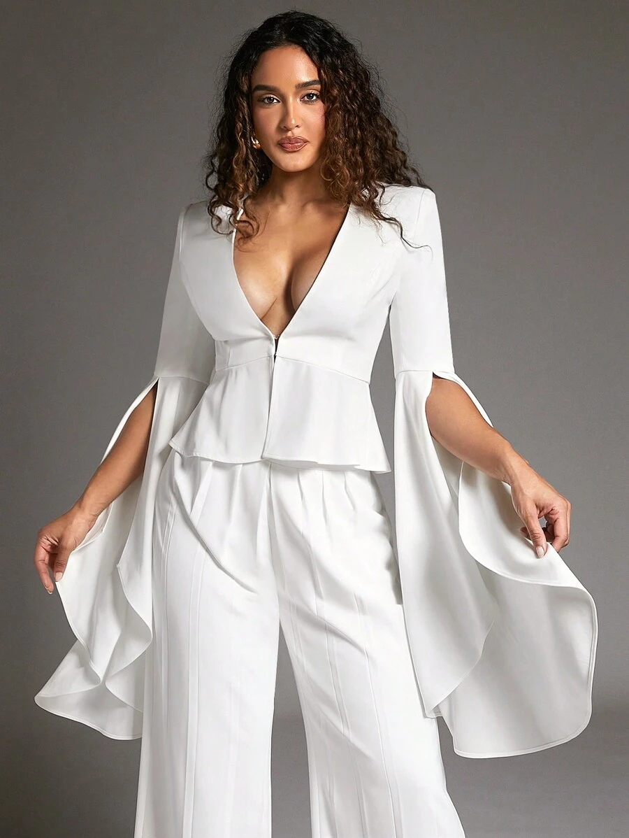 SHEIN BAE Trắng Của phụ nữ Bộ đồ Áo khoác Với Ruffle Đối với Các bữa tiệc Hoặc Chính thức Dịp - trắng - Xem 1