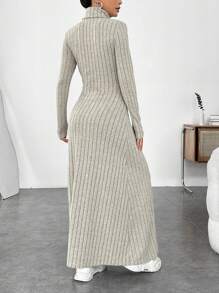 SHEIN EZwear 卡其色拉绒面料高领罗纹针织长款连衣裙 - 米色 - 查看 2