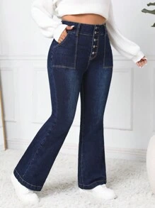 SHEIN EZwear Plus Size Denim Flared Jeans With Button Fly
