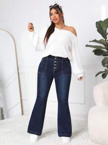 SHEIN EZwear Plus Size Denim Flared Jeans With Button Fly