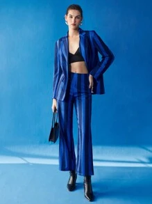 BizChic 條紋圖案前紐扣西裝外套 - 藍色 - 查看 2