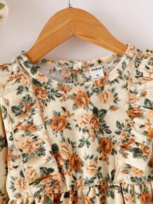 SHEIN 女童花卉印花荷葉邊荷葉邊袖燈芯絨連身裙 - 卡其色 - 查看 5