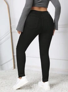 SHEIN ICON 大尺寸破洞窄腳牛仔褲 - 黑色 - 查看 2