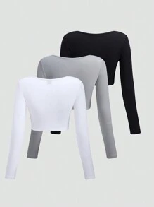 SHEIN Unity 3pcs Solid V Neck Crop Tee - Multicolor - View 2