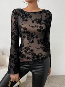 SHEIN Privé In hoa tay áo lá sen Áo thun - màu đen - Xem 4