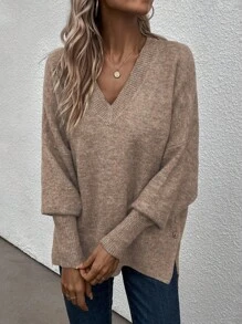 SHEIN LUNE V-Neck Drop Shoulder Sweater With Slit Hem Knit Pullover Fall Winter Sweater - Brown - View 3
