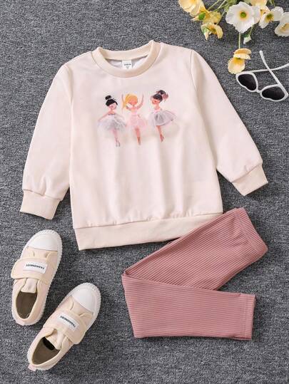 SHEIN 少女芭蕾卡通圖案長袖上衣和長褲套裝