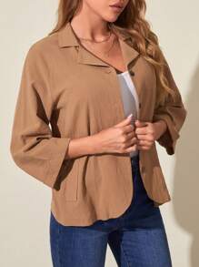 SHEIN LUNE Solid Button Front Lapel Collar Coat - Khaki - View 6