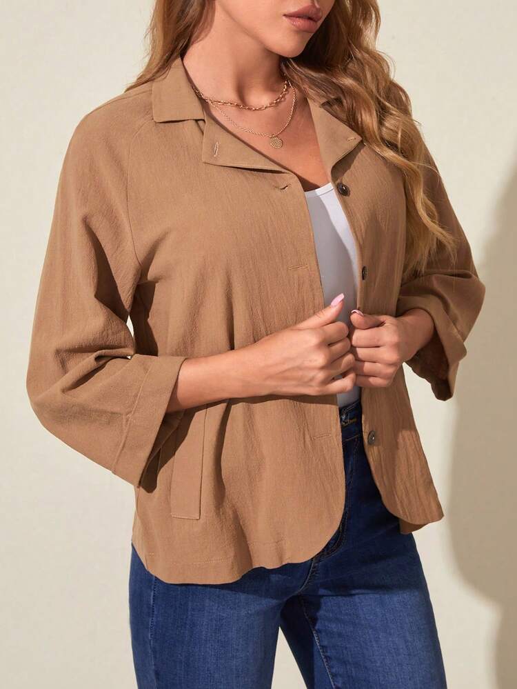 Solid Button Front Lapel Collar Coat